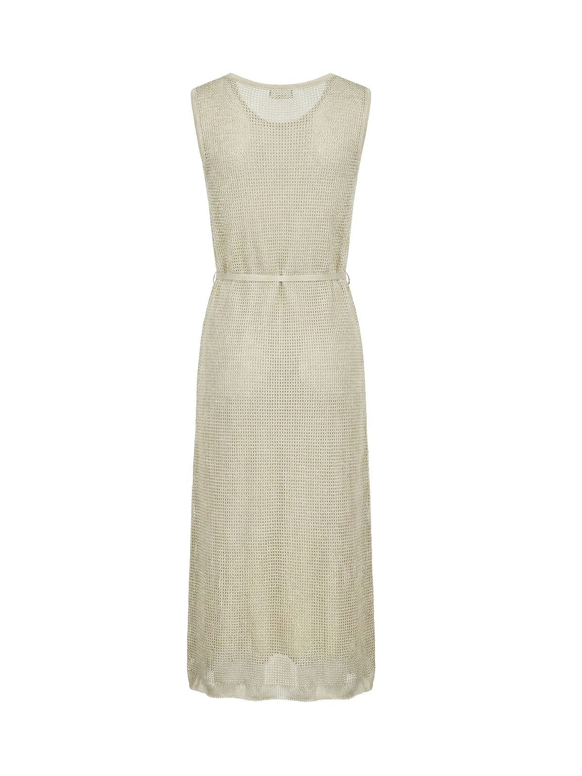 ESCADA beżowa sukienka ażurowa midi z delikatnym taliowaniem