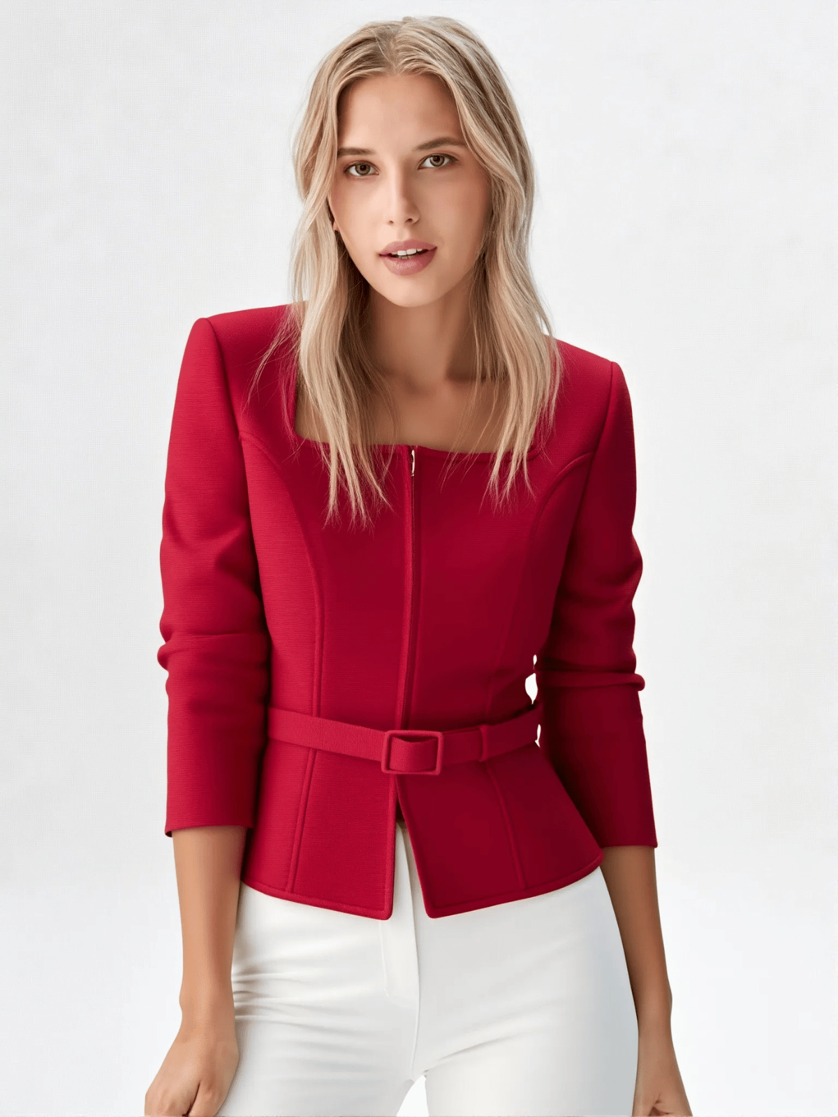 Modelka w czerwonym żakiecie ESCADA z paskiem i kwadratowym dekoltem