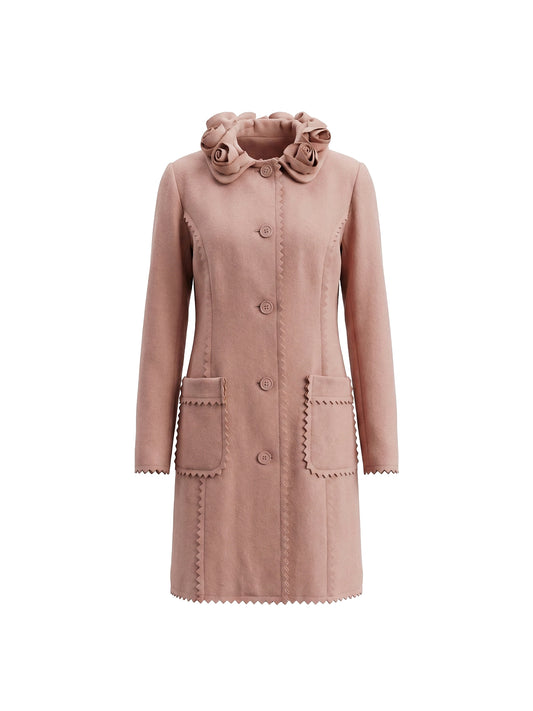 Płaszcz MOSCHINO pudrowy wełniany z dekoracyjnym kołnierzem w róże