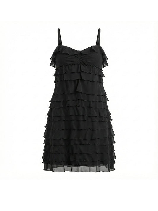 Sukienka MOSCHINO czarna mini z warstwami falban na ramiączkach