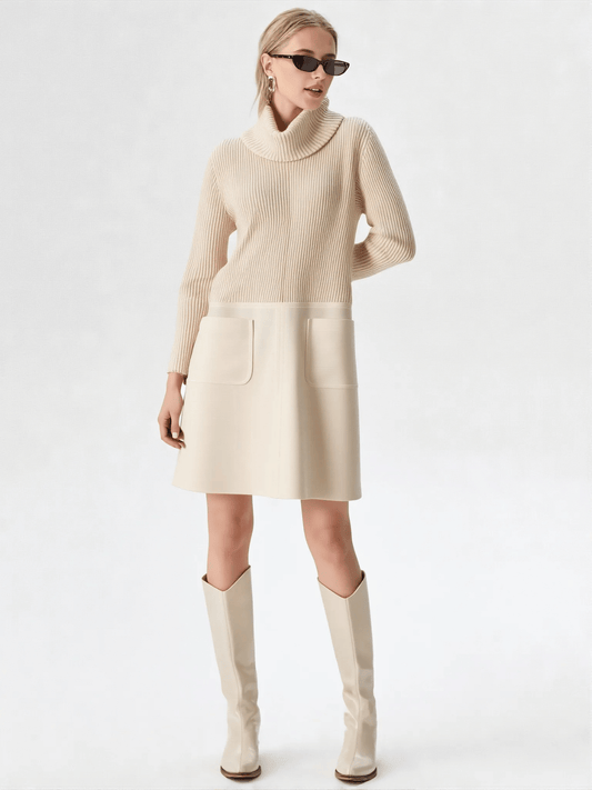 Modelka w kremowej sukience ESCADA z golfem w eleganckiej stylizacji