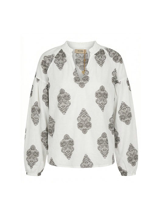 MOS MOSH bluzka biała z czarnym haftem i dekoltem V