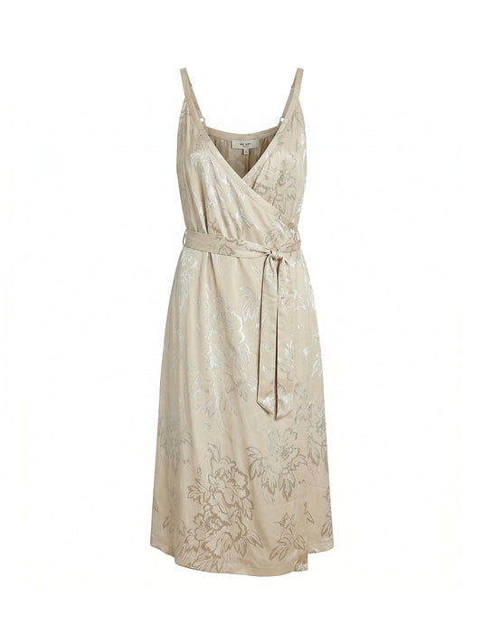 MOS MOSH sukienka beżowa midi kopertowa z paskiem i ramiączkami