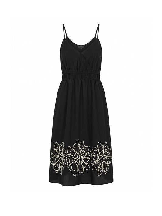MOS MOSH sukienka czarna midi na ramiączkach z haftem