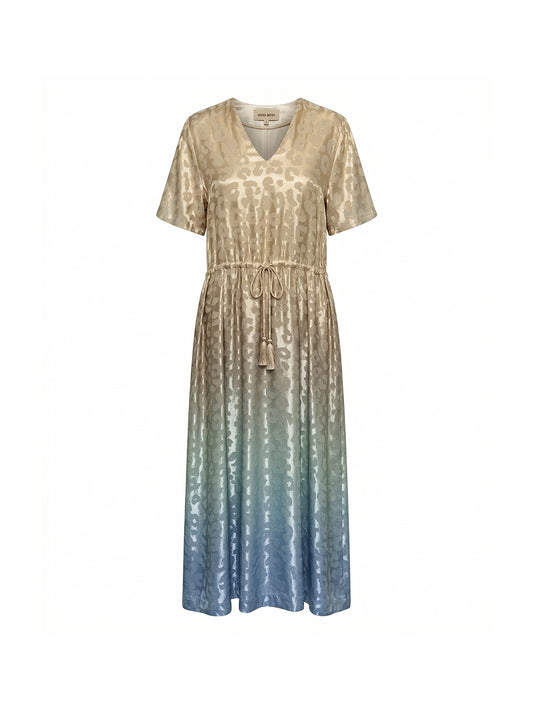 MOS MOSH sukienka złoto niebieska midi z połyskiem i paskiem