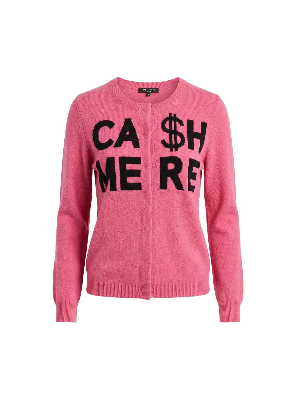 Różowy sweter MOSCHINO z kaszmirem i czarnym napisem CASHMERE