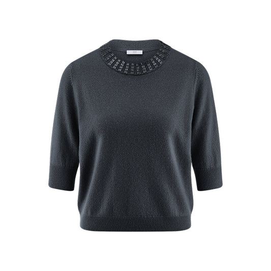 Grafitowa bluzka RIANI z wełny i kaszmiru z krótkim rękawem