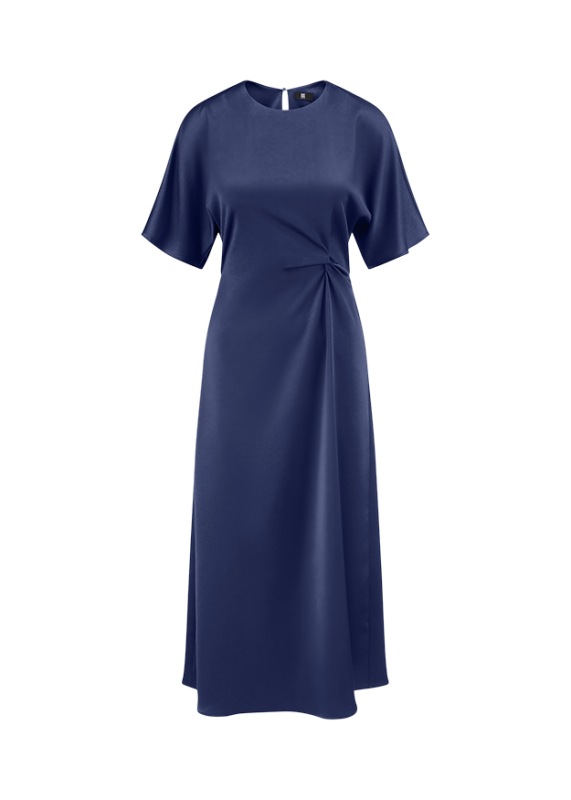 Granatowa sukienka koktajlowa RIANI midi z drapowaniem