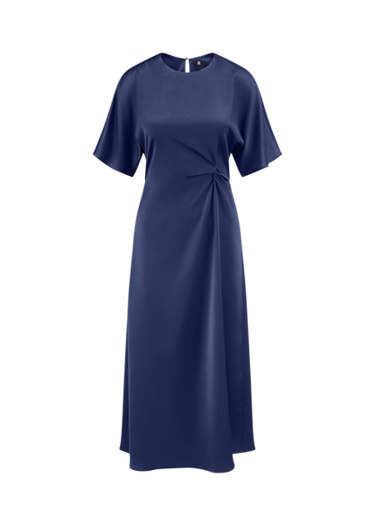Granatowa sukienka koktajlowa RIANI midi z drapowaniem